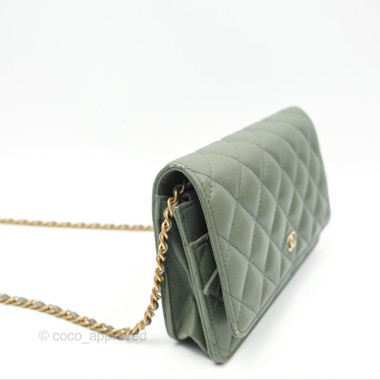 Chanel Classic Quilted Wallet On Chain WOC Glitter Dark Tiffany Green Caviar Aged Gold Hardware