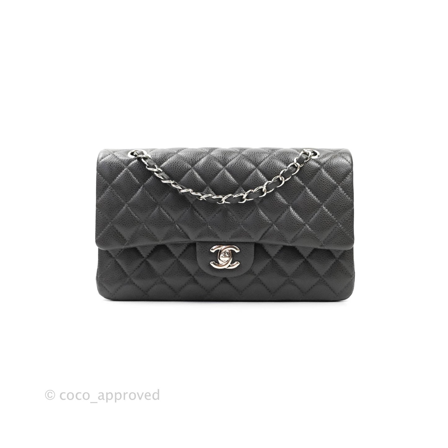 Chanel Quilted M/L Medium Double Flap Dark Grey Caviar Silver Hardware