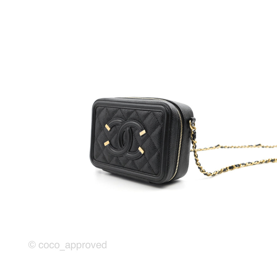 Chanel CC Filigree Vanity Clutch With Chain Caviar Black Aged Gold Hardware