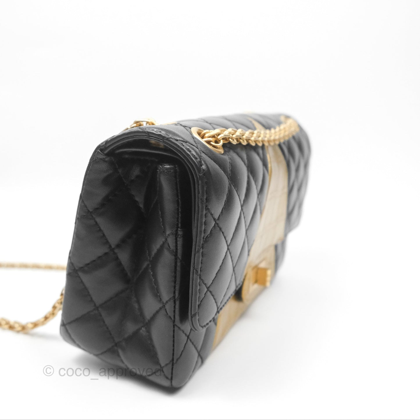 Chanel Reissue 2.55 Metallic Gold Crocodile Embossed Calfskin And Black Quilted Lambskin Aged Gold Hardware