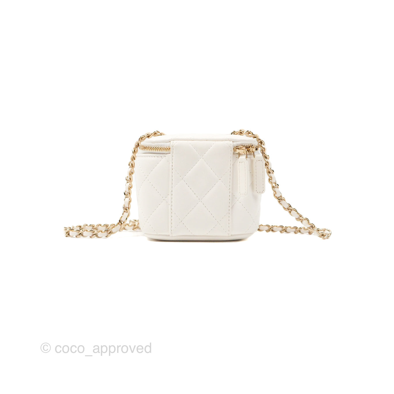 Chanel Camellia White Quilted Lambskin Mini Vanity with Chain Gold Hardware