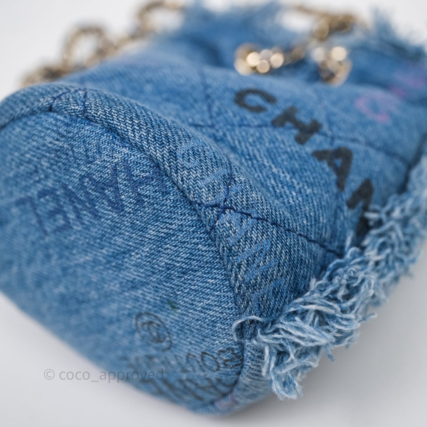 Chanel Mood Denim Mini Bucket Bag with Chain Blue Gold Hardware