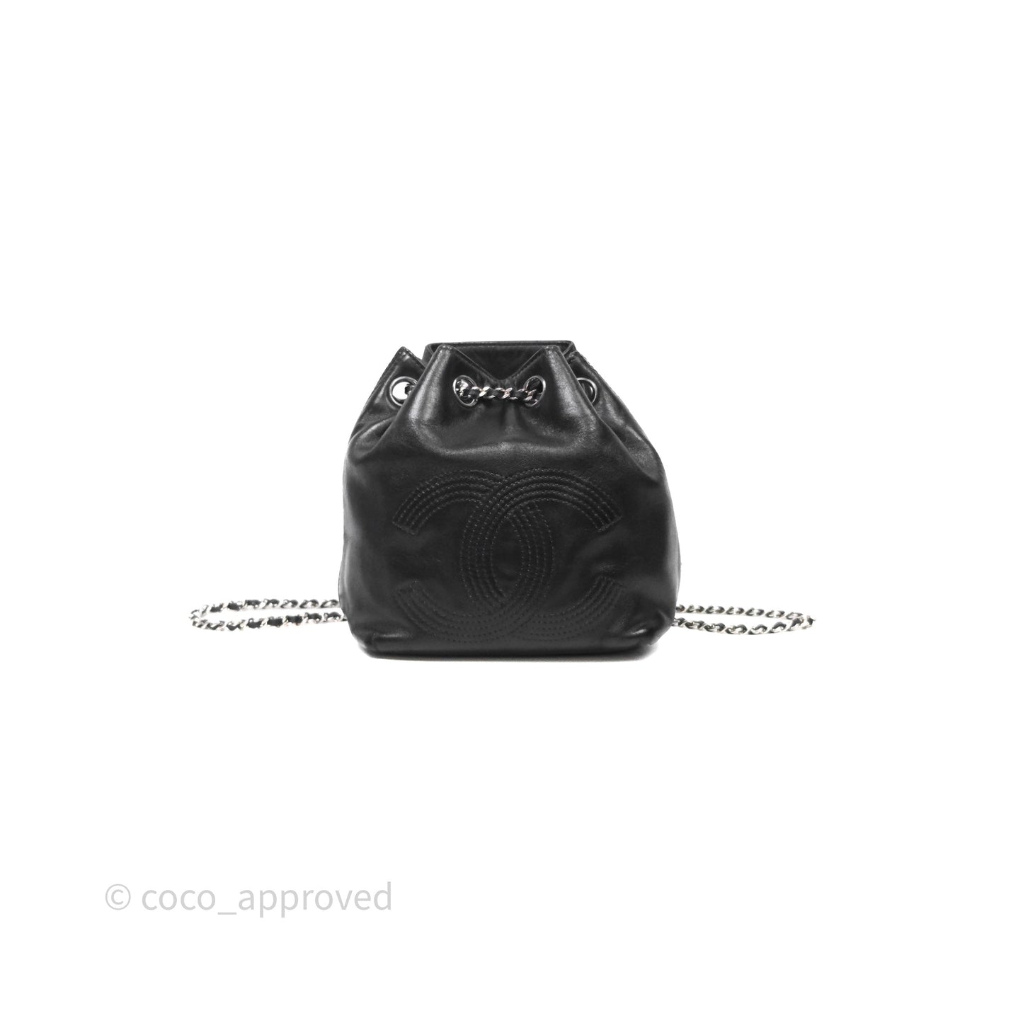 Chanel Vintage CC Drawstring Bag Black Calfskin Silver Hardware