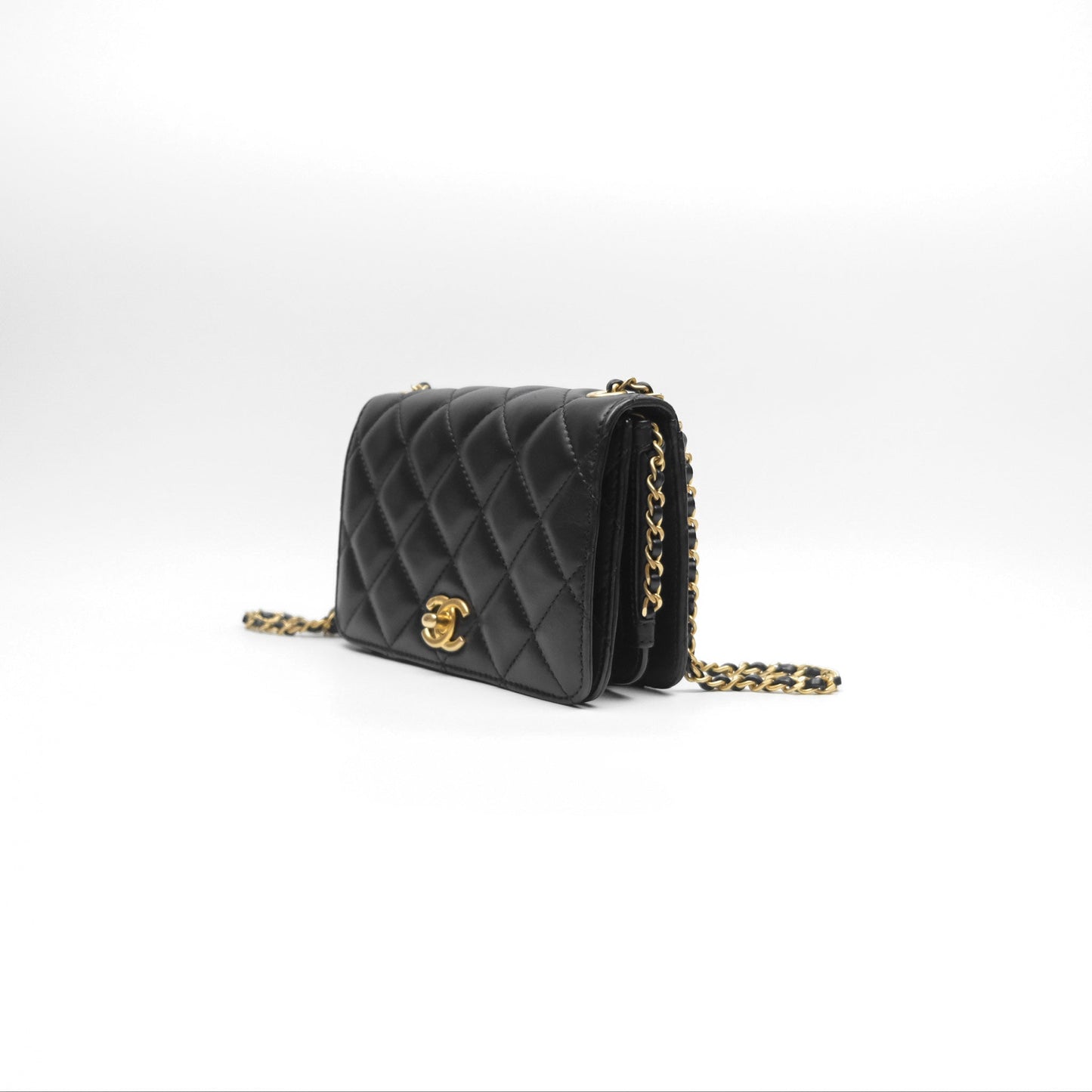 Chanel Quilted Side Chain Flap Bag Black Calfskin Aged Gold Hardware