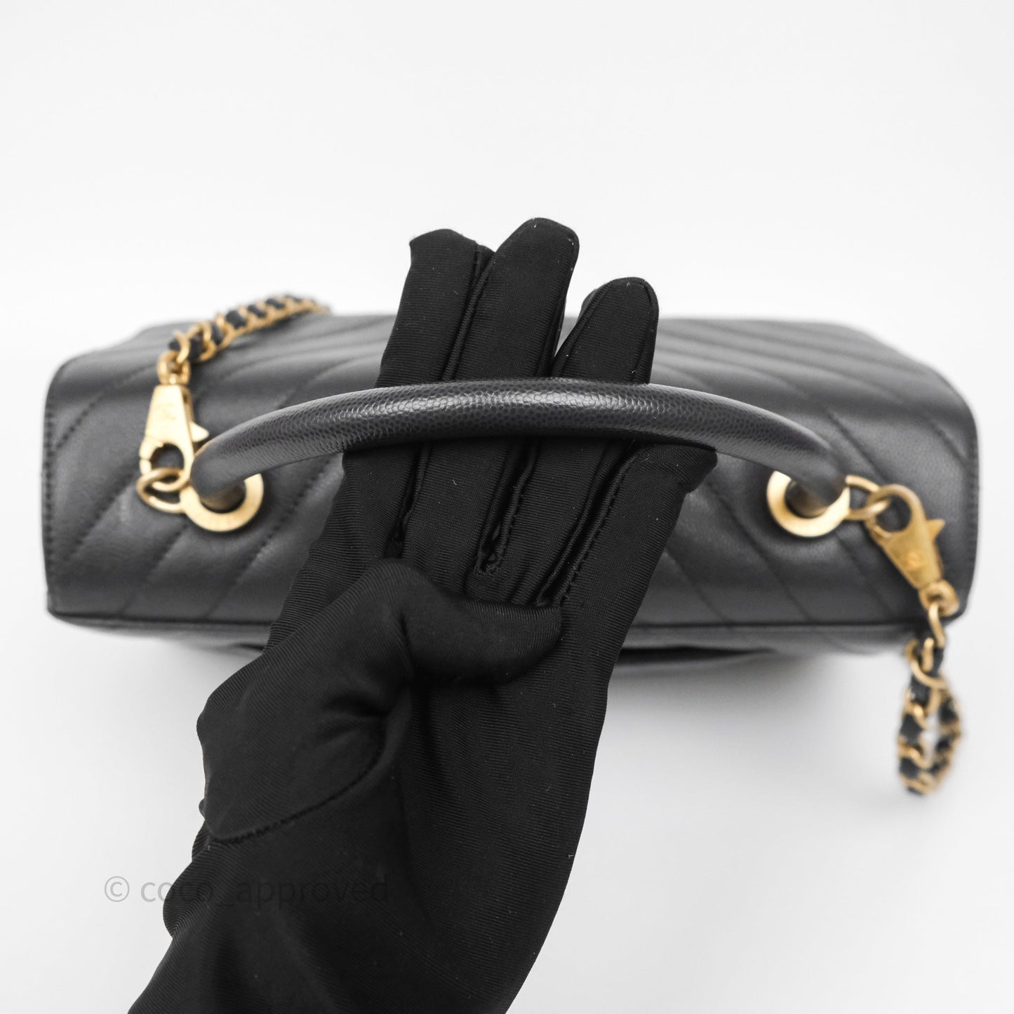 Chanel Medium Coco Handle Chevron Dark Grey Caviar Aged Gold Hardware