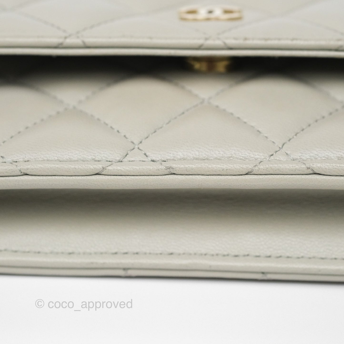 Chanel Classic Quilted Wallet on Chain WOC Light Grey Lambskin Gold Hardware