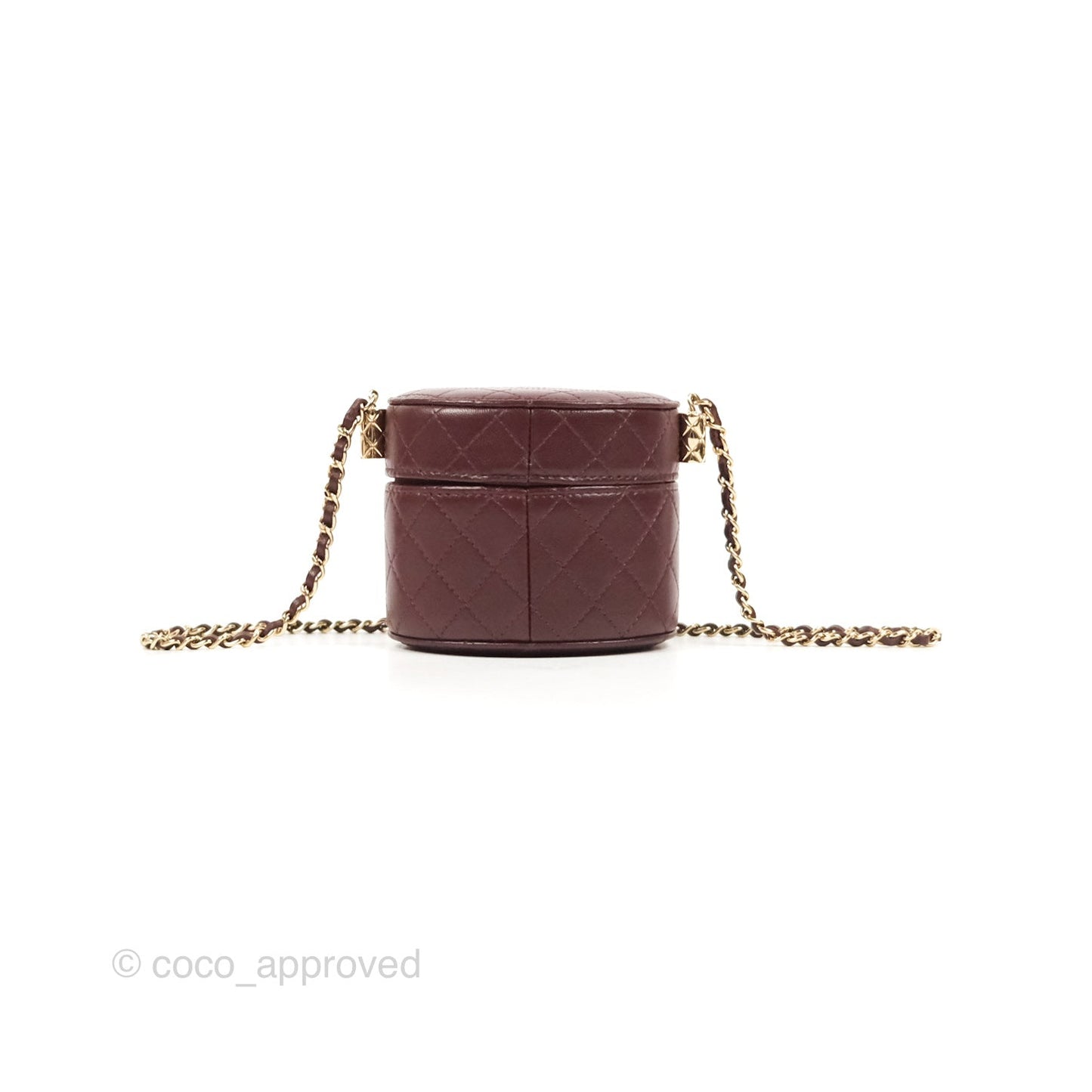 Chanel Quilted Round Vanity Clutch With Chain Burgundy Lambskin Gold Hardware