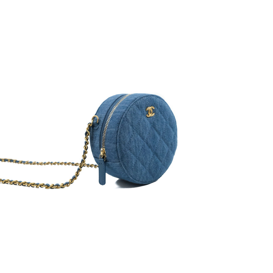 Chanel Quilted Pearl Crush Round Clutch With Chain Denim Aged Gold Hardware