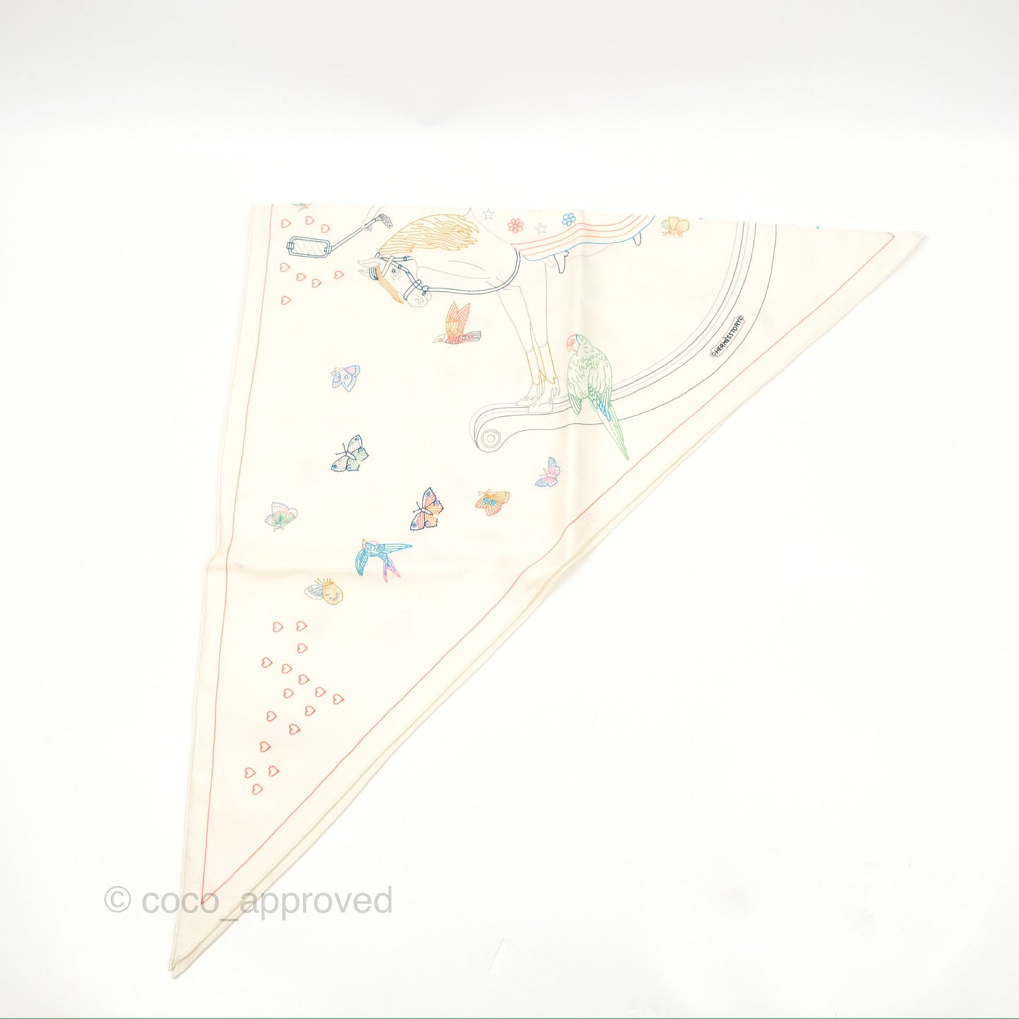 Hermes Story Embroidered Triangle Scarf Silk Ivory