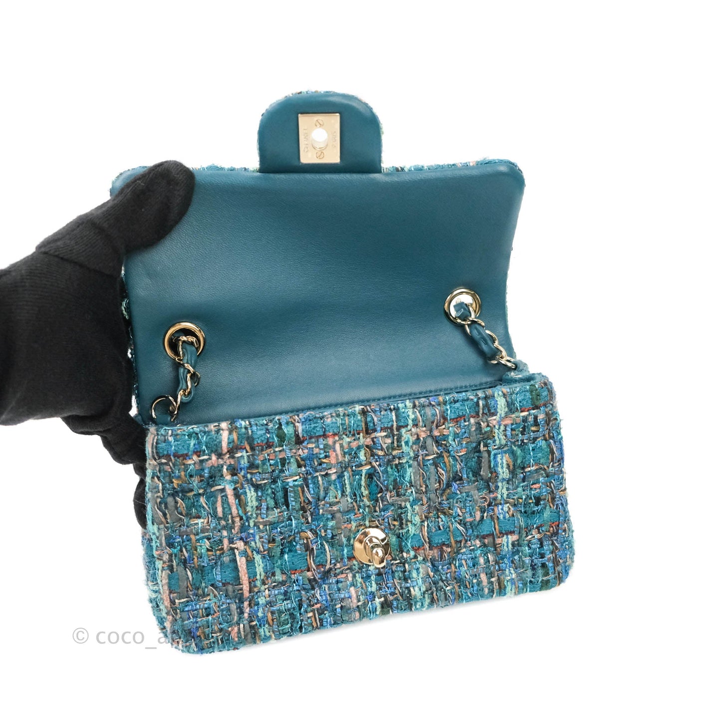Chanel Quilted Mini Rectangular Turquoise Tweed Gold Hardware