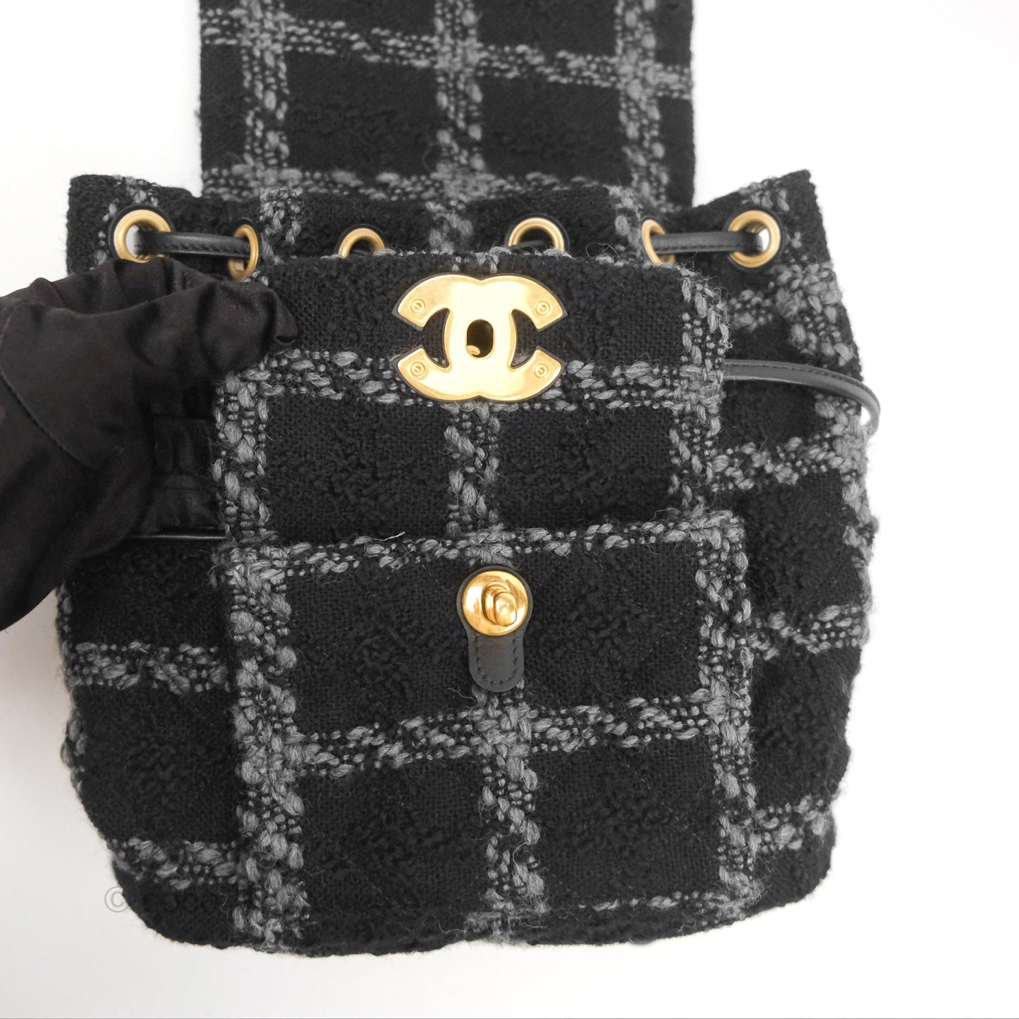 Chanel Duma Backpack Black Tweed Aged Gold Hardware 22K