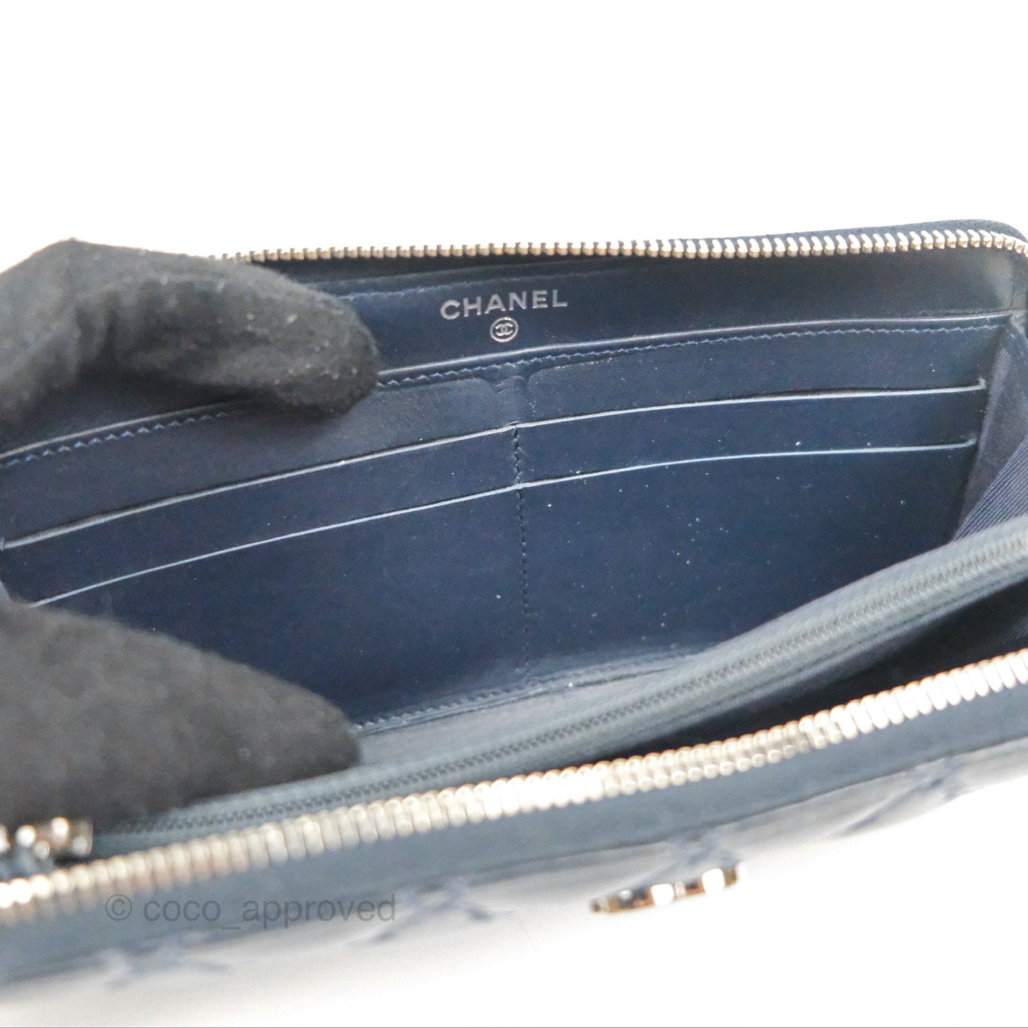 Chanel Quilted Zip Long Wallet Navy Lambskin Silver Hardware