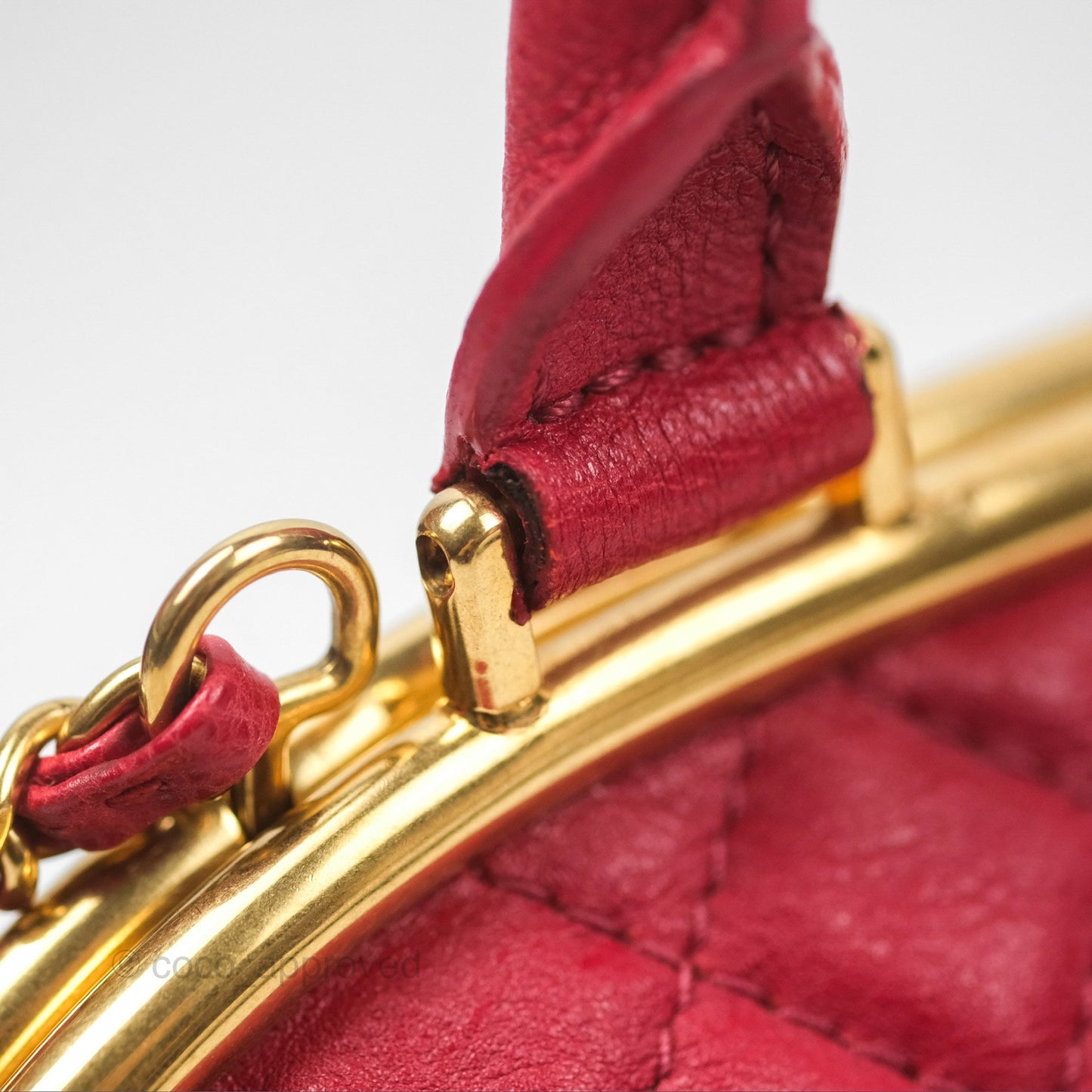 Chanel Quilted Kisslock Handbag With Chain Red Calfskin Gold Hardware