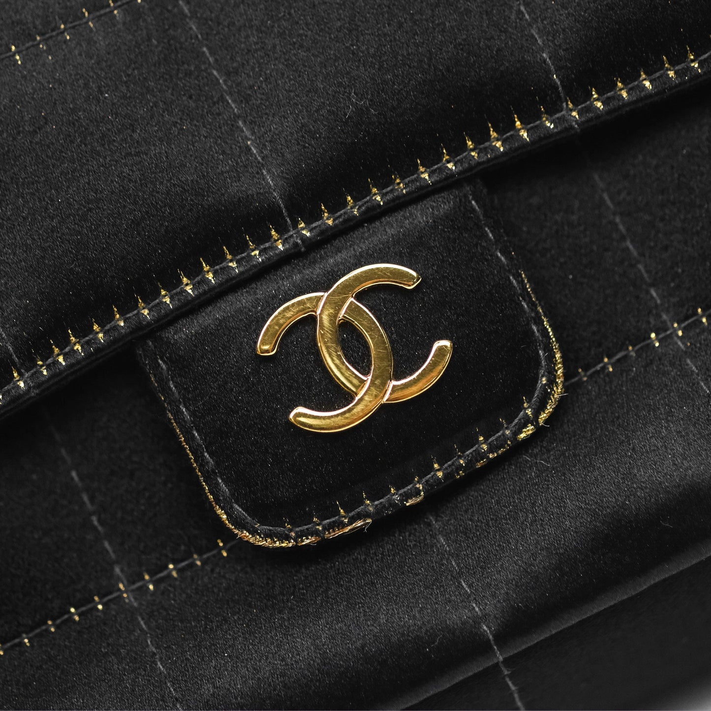 Chanel Vintage Mini Chocolate Bar Flap Black Satin Gold Hardware