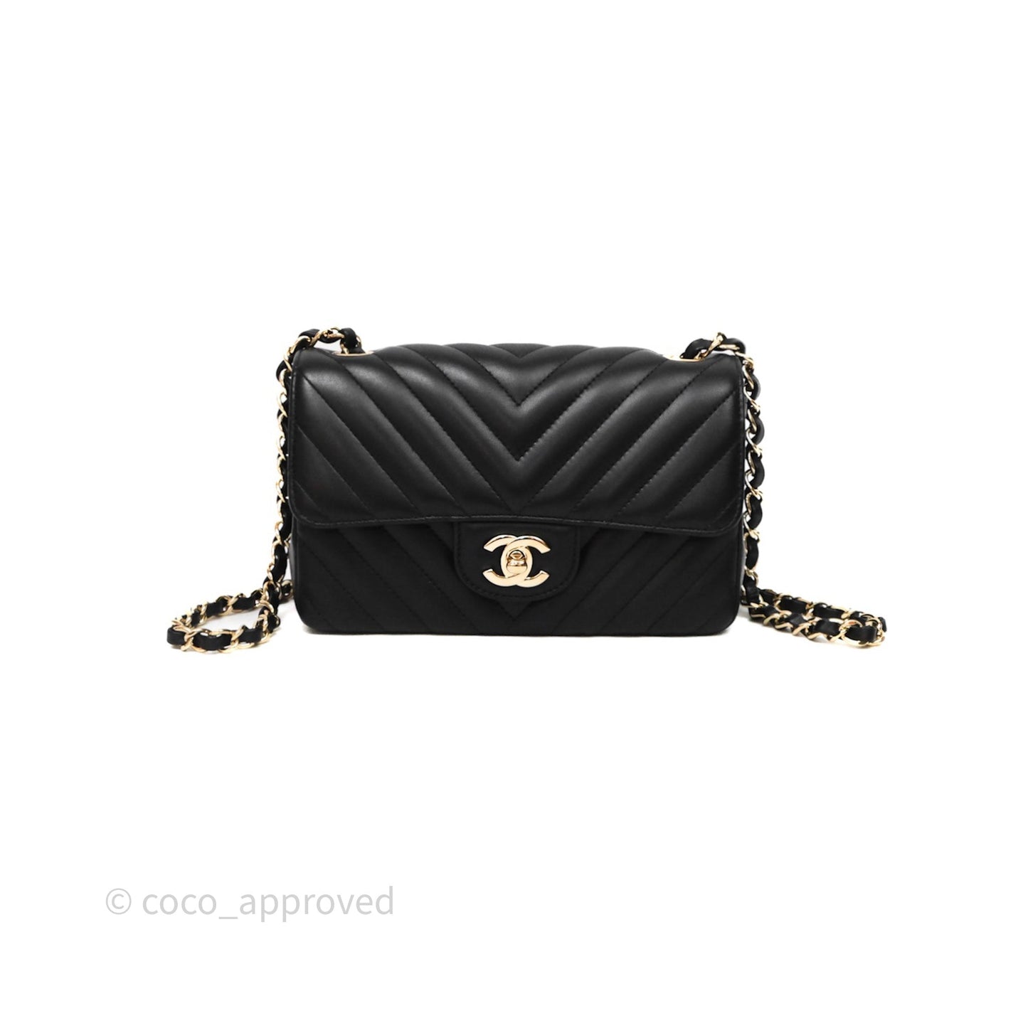 Chanel Quilted Mini Rectangular Chevron Black Lambskin Gold Hardware