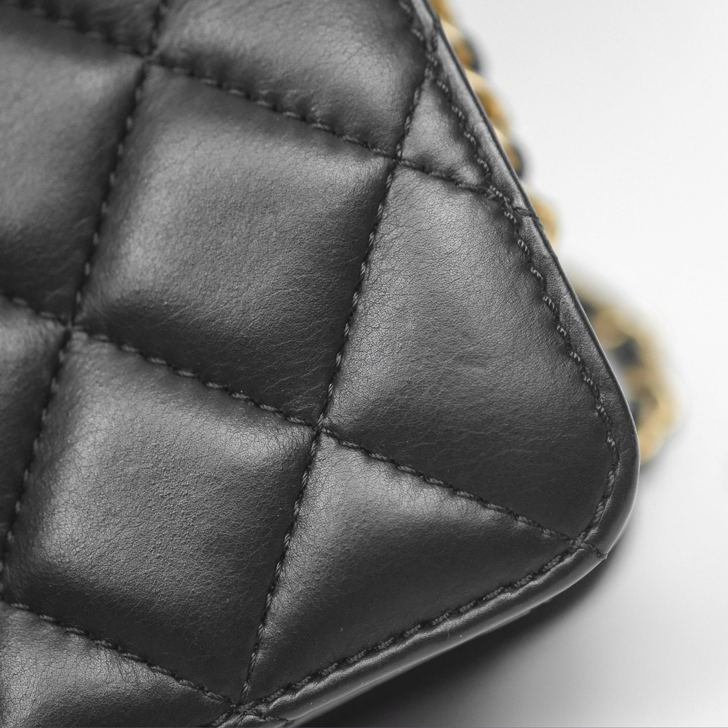 Chanel Quilted Side Chain Flap Bag Black Calfskin Aged Gold Hardware