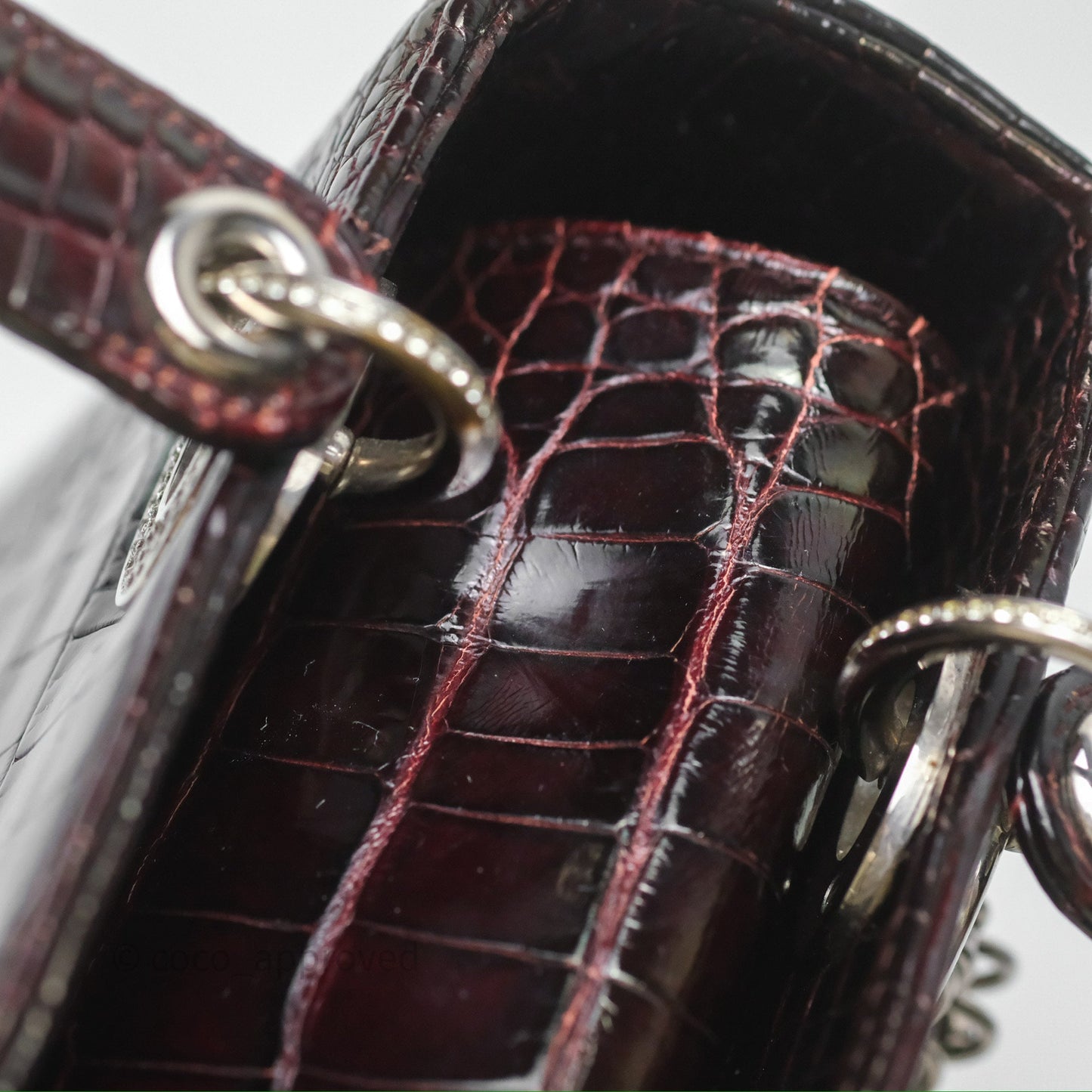 Christian Dior Small Lady Dior Shiny Crocodile Burgundy Diamond Hardware