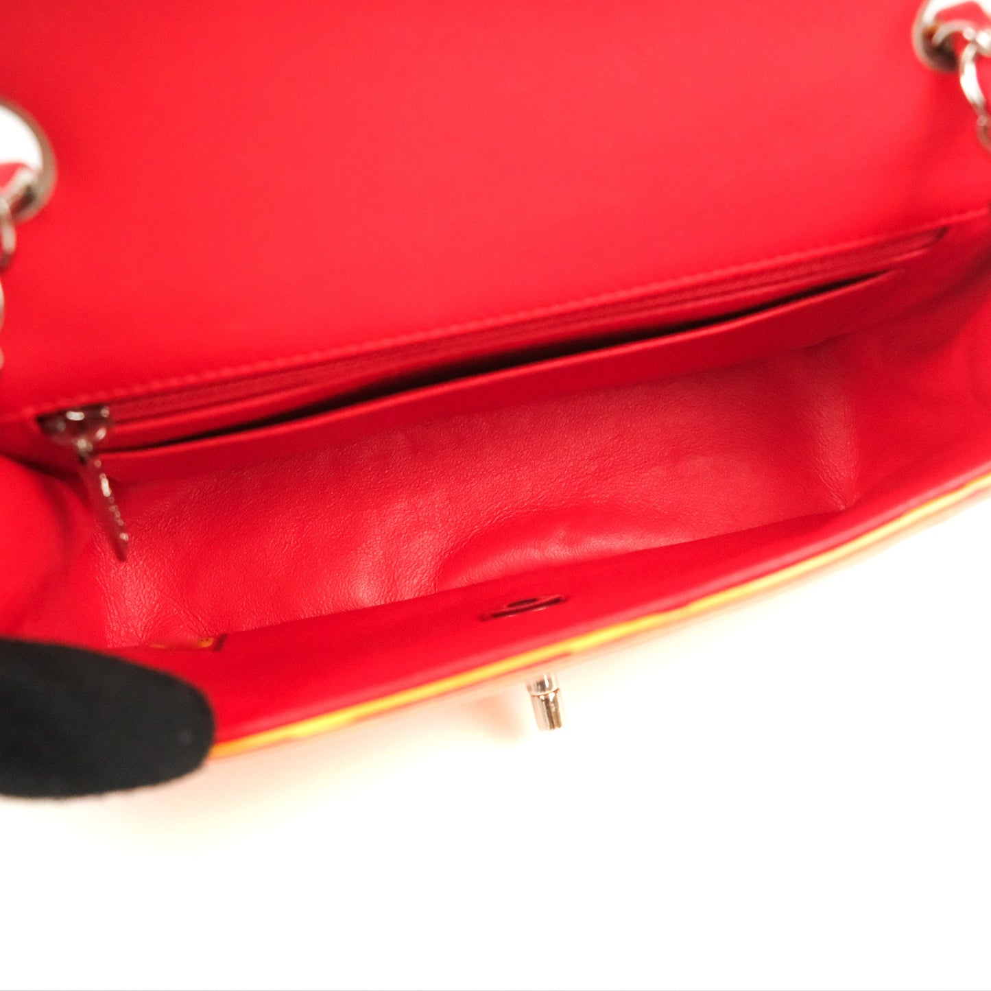 Chanel Mini Rectangular Flap Bag Orange Red Striped Patent Silver Hardware