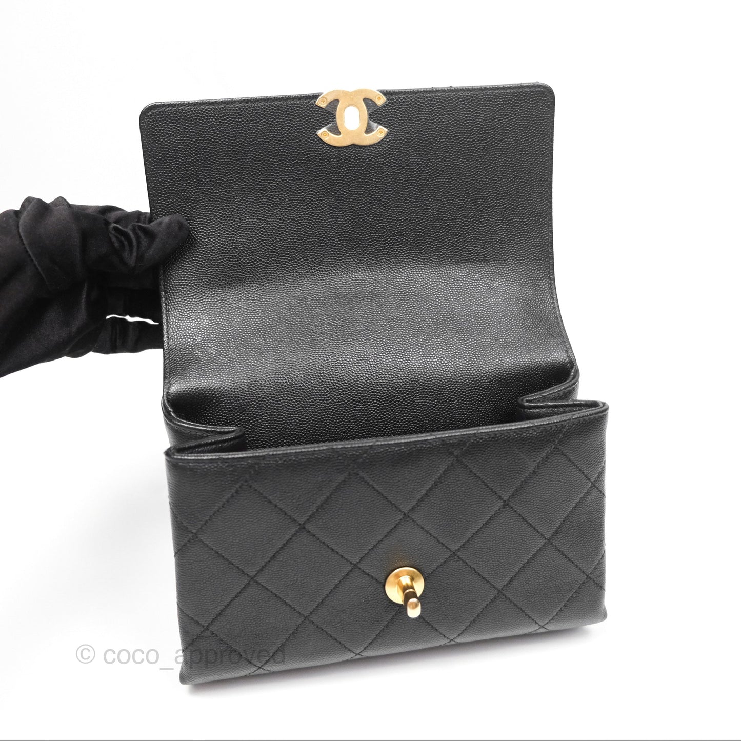 Chanel Bracelet On Chain Flap Bag Flat Quilted Black Caviar Aged Gold Hardware
