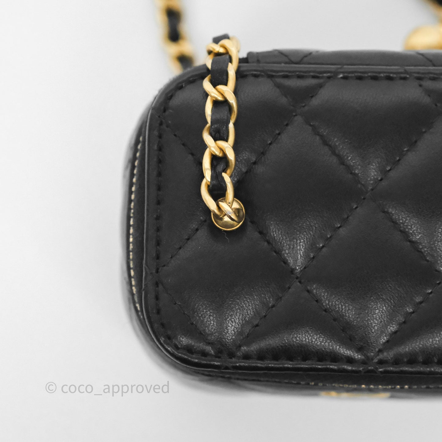 Chanel Quilted Pearl Crush Mini Vanity With Chain Black Lambskin Aged Gold Hardware