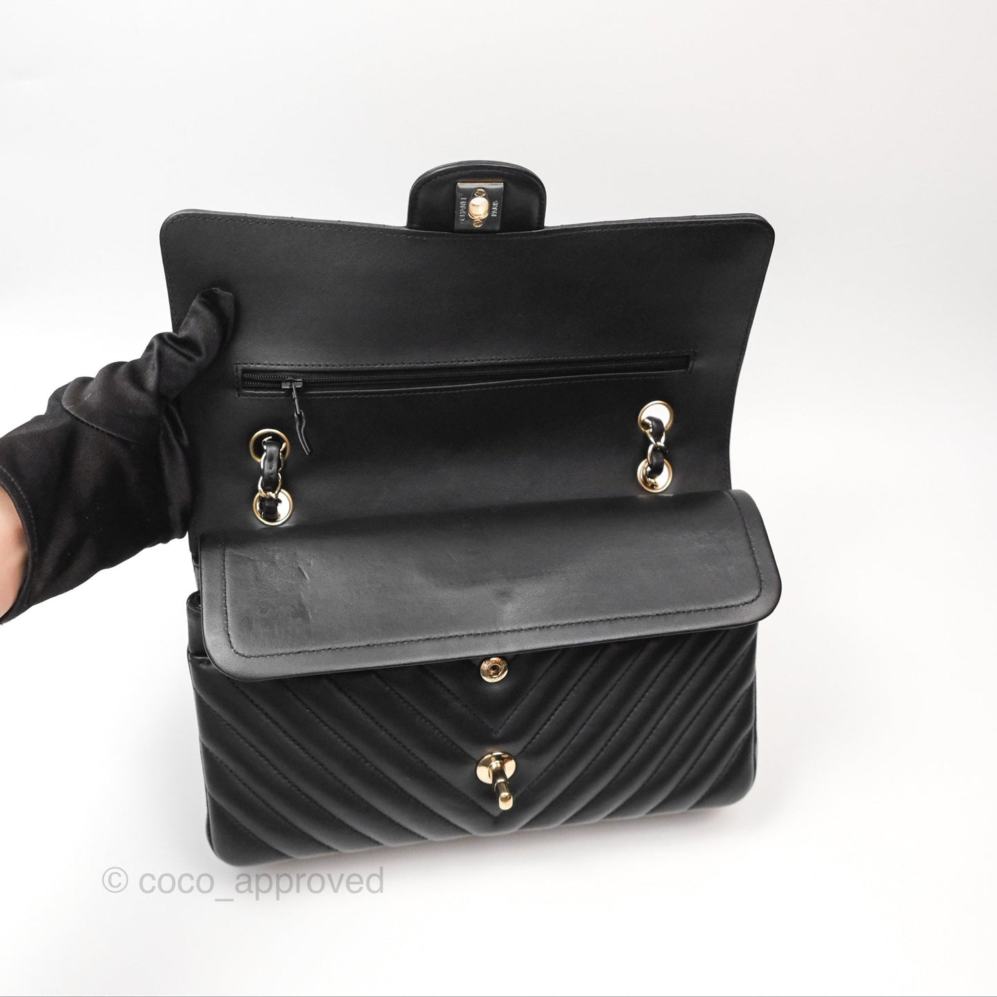 Chanel Classic M/L Medium Chevron Double Flap Black Lambskin Gold Hardware