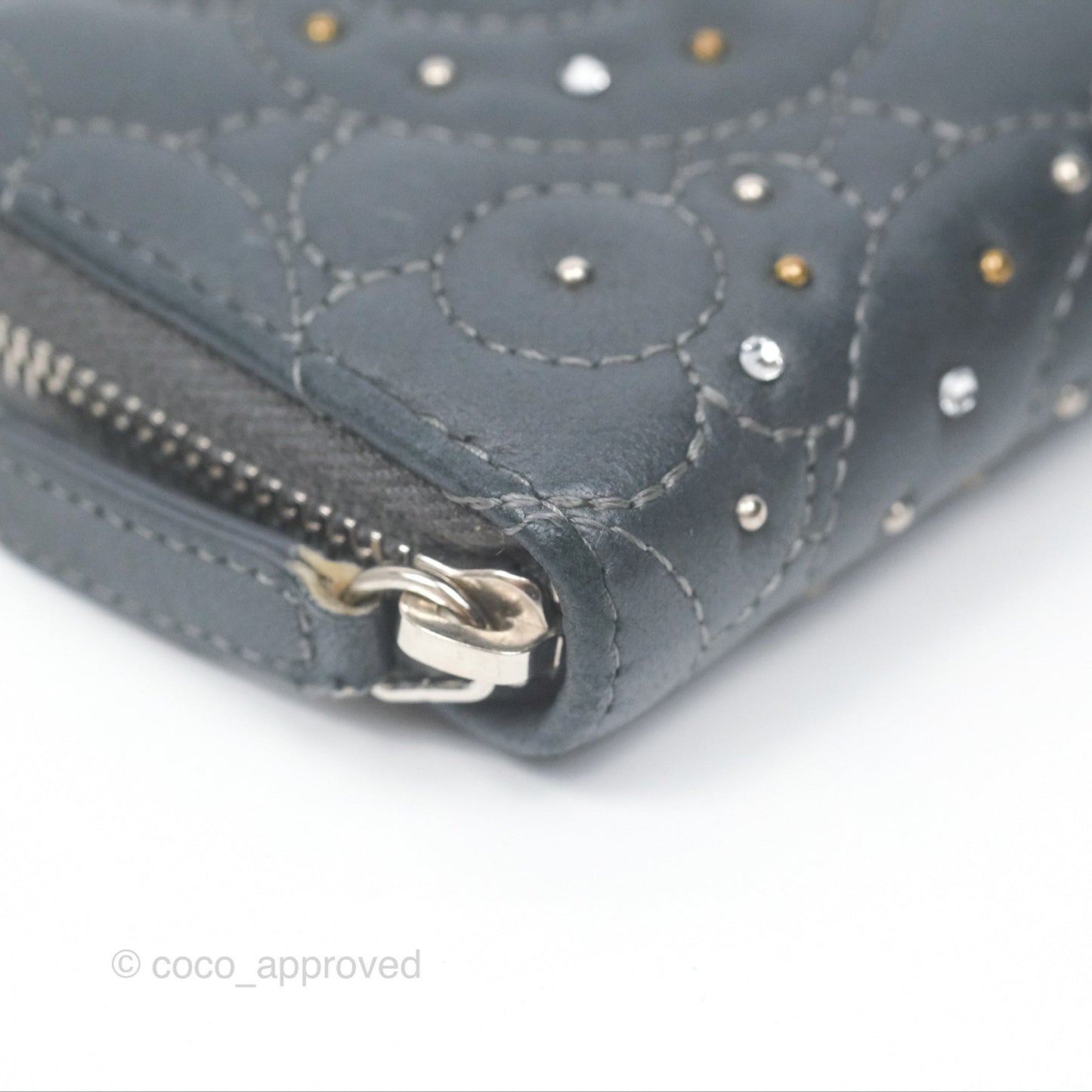 Chanel Camellia Crystal Studded Zipped Coin Purse Grey Silver Hardware