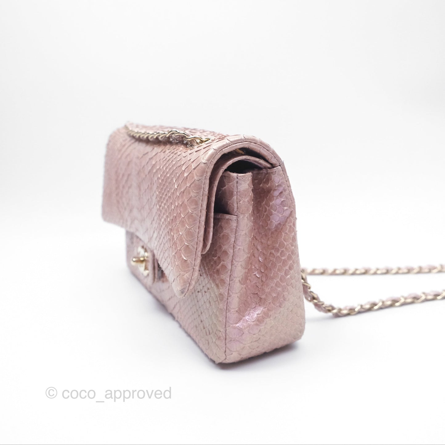 Chanel Classic M/L Medium Flap Quilted Iridescent Pink Python Gold Hardware