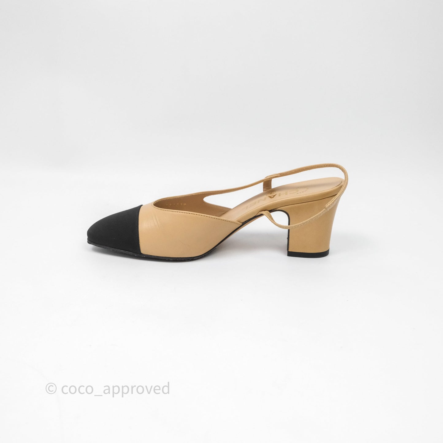 Chanel Classic Slingback Beige Black Leather Size 36