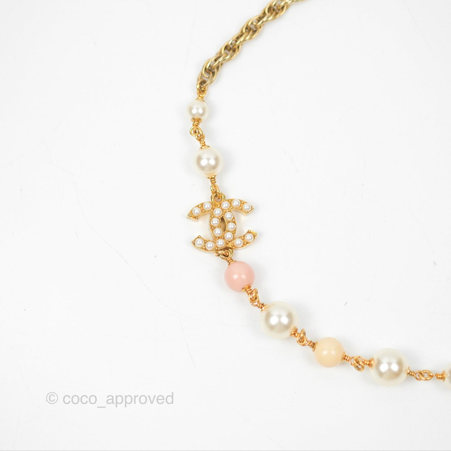 Chanel CC Pearl Pink Bead Necklace Gold Tone 22A