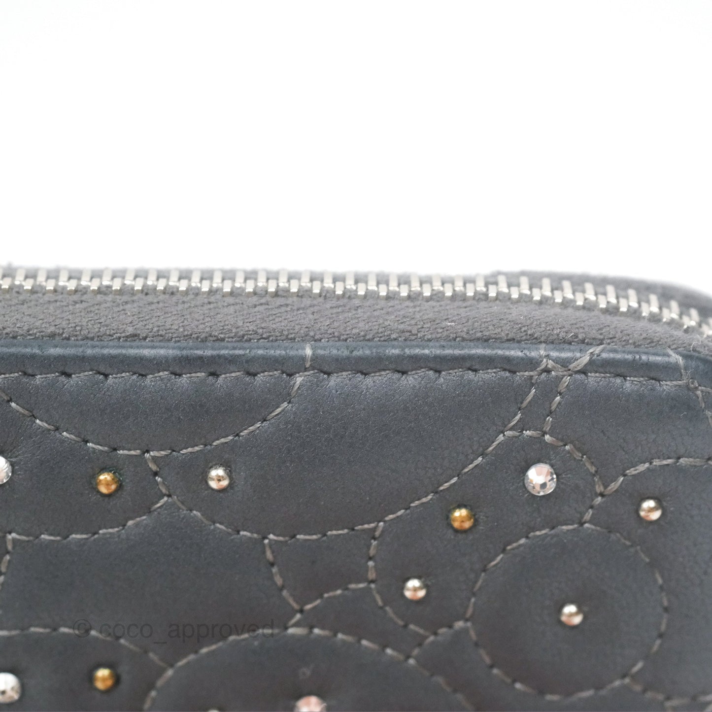 Chanel Camellia Crystal Studded Zipped Coin Purse Grey Silver Hardware