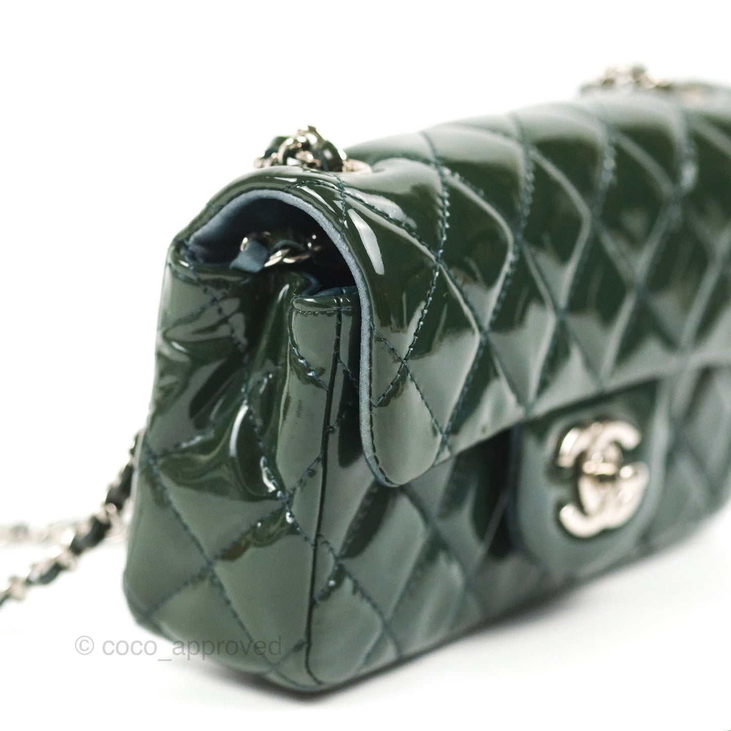 Chanel Quilted Extra Mini Rectangular Flap Teal Patent Silver Hardware
