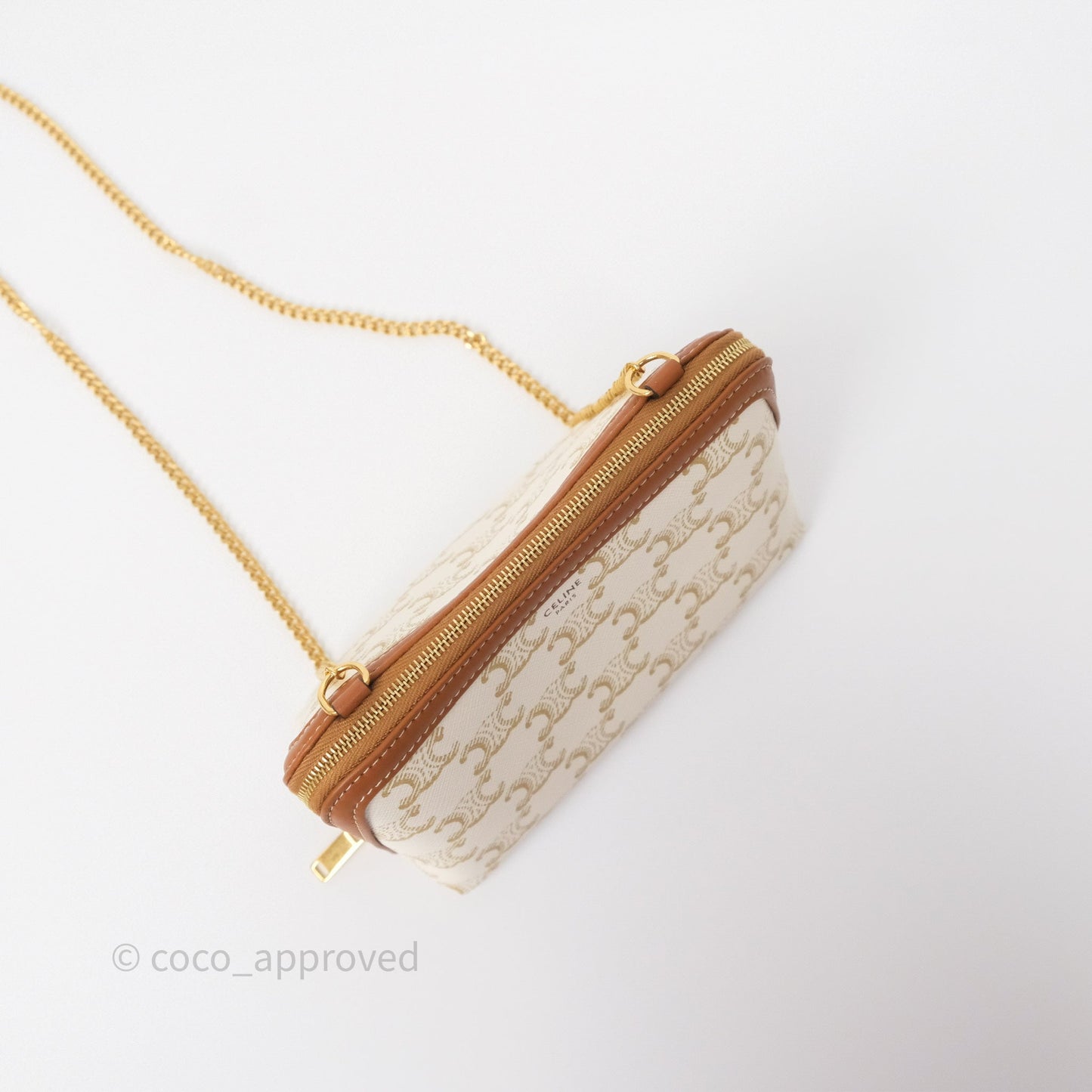 Celine Clutch With Chain Triomphe Canvas Lambskin White/Tan