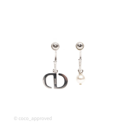 Christian Dior Crystal Pearl Drop Petit CD Earrings Silver Tone