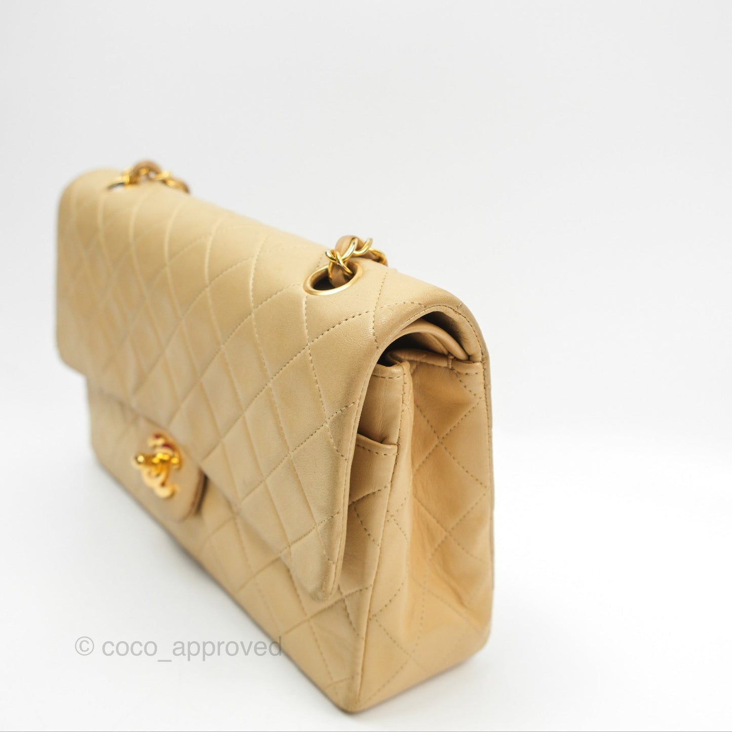 Chanel Vintage Medium Classic Flap Beige Lambskin 24K Gold Hardware