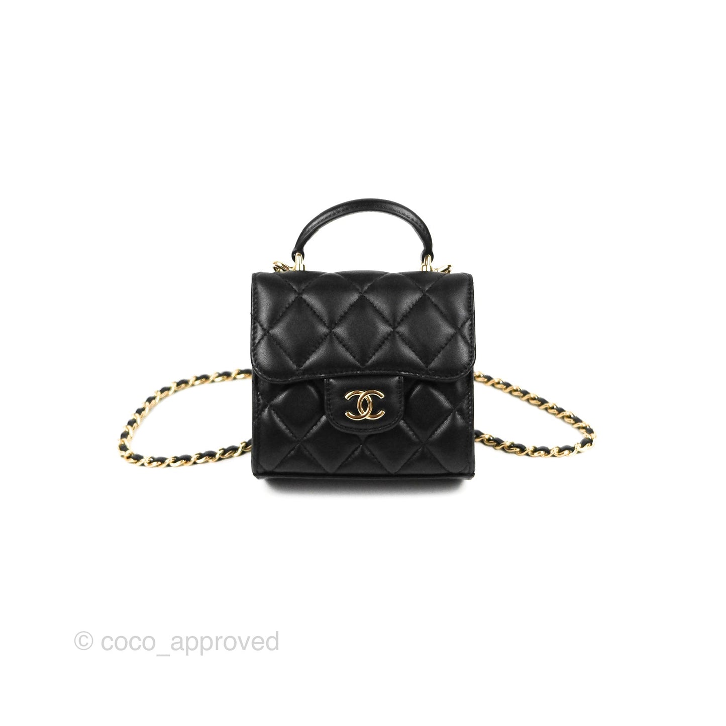 Chanel Mini Handle Clutch With Chain Black Lambskin Gold Hardware