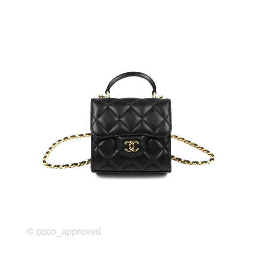 Chanel Mini Handle Clutch With Chain Black Lambskin Gold Hardware