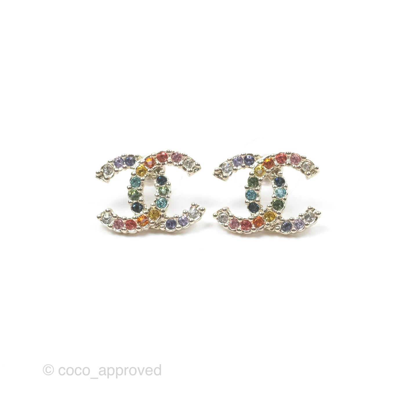 Chanel Crystal CC Earrings Rainbow Gold Tone 21V
