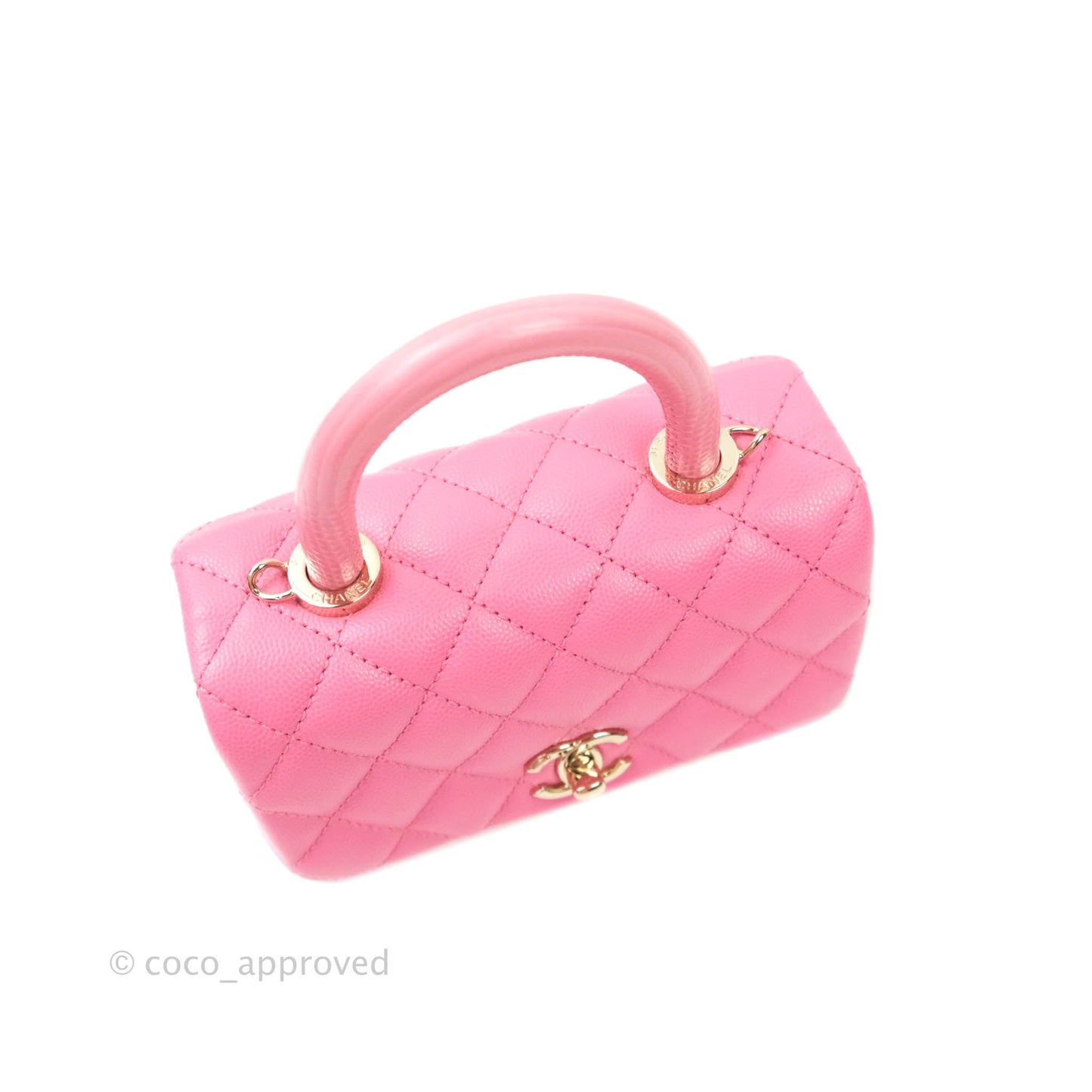 Chanel Extra Mini Coco Handle Quilted Pink Caviar Lizard Embossed Handle Gold Hardware
