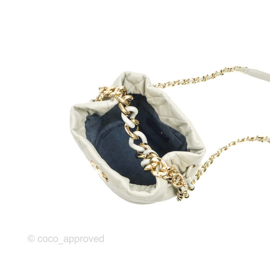Chanel Quilted Drawstring Bucket Bag Grey Lambskin Gold Hardware 22C