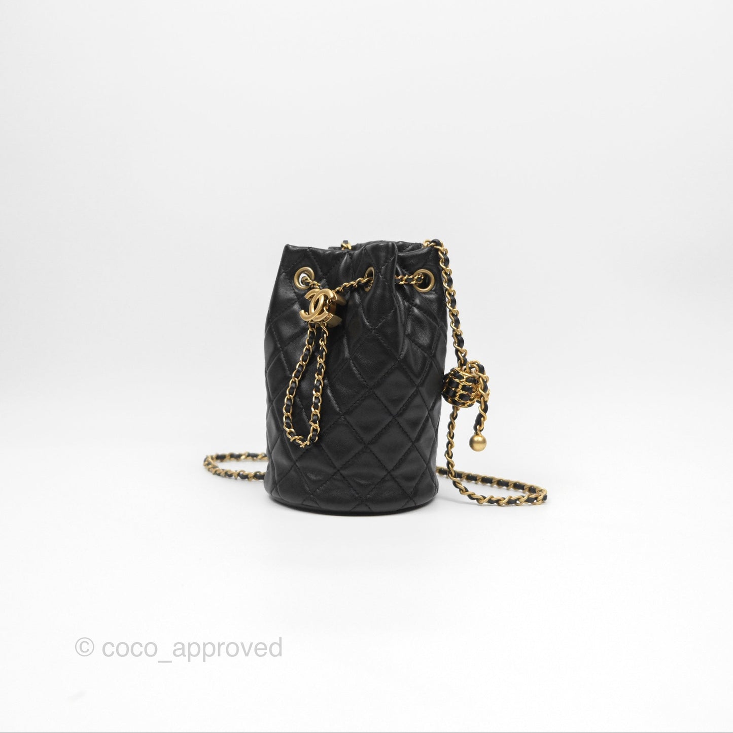Chanel Pearl Crush Bucket Bag Black Lambskin Aged Gold Hardware 22S