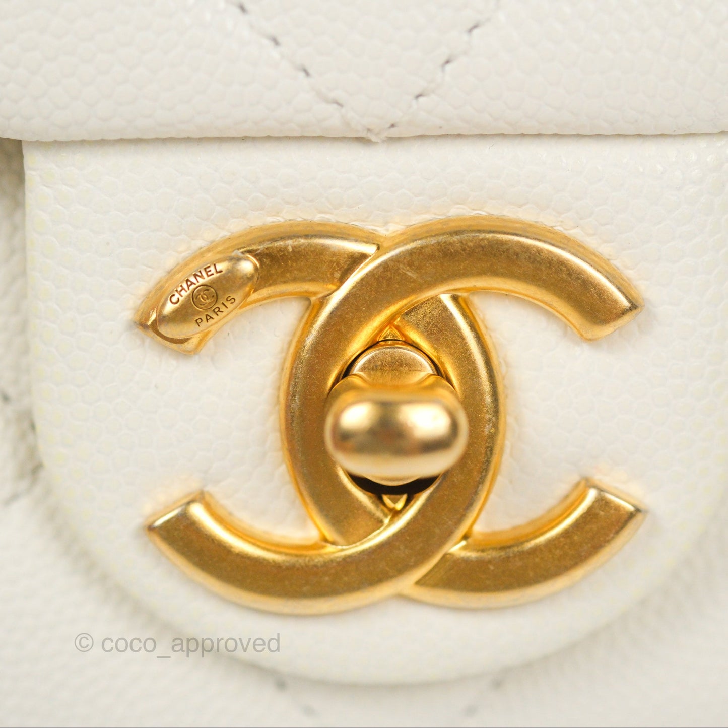 Chanel Mini Flap with Coin Charm White Caviar Aged Gold Hardware 22A