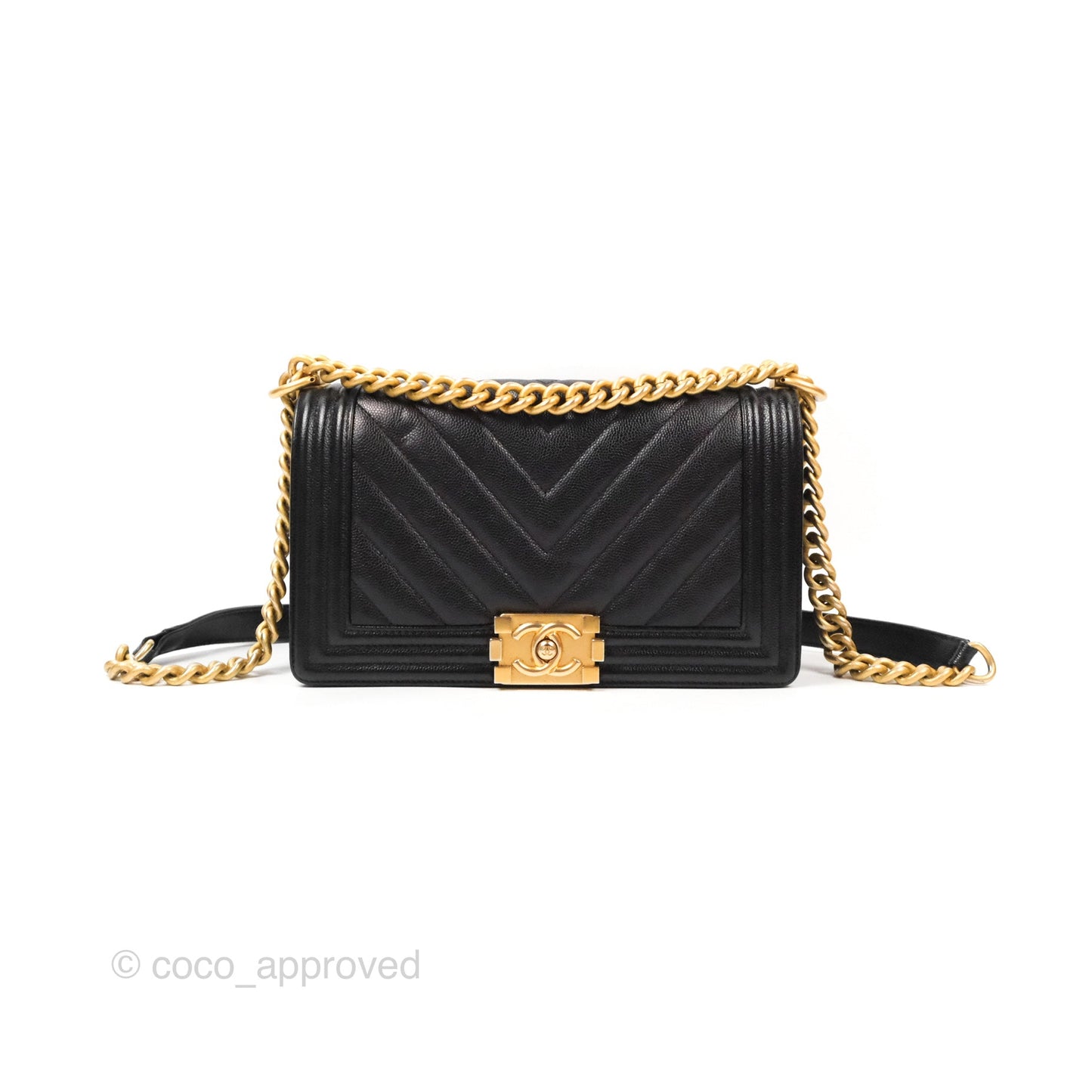 Chanel Chevron Medium Boy Black Caviar Aged Gold Hardware
