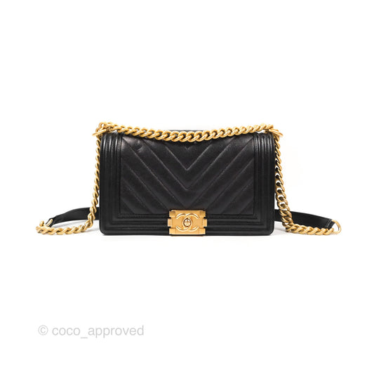 Chanel Chevron Medium Boy Black Caviar Aged Gold Hardware