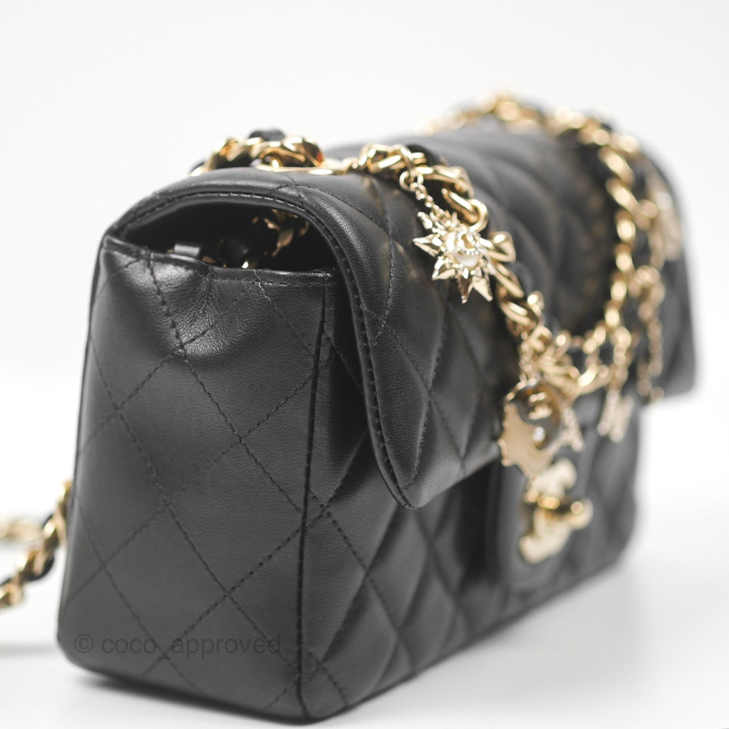 Chanel Quilted Mini Rectangular Flap With Charms Black Lambskin Gold Hardware 21C