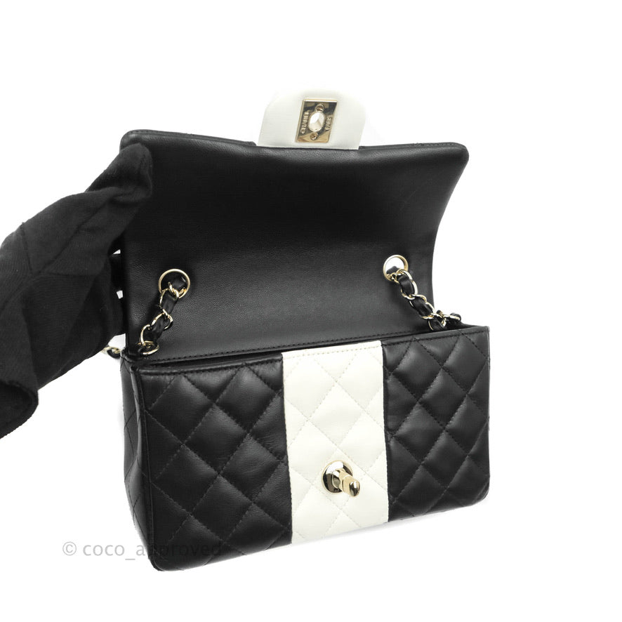 Chanel Quilted Mini Rectangular Flap Black White Lambskin Gold Hardware
