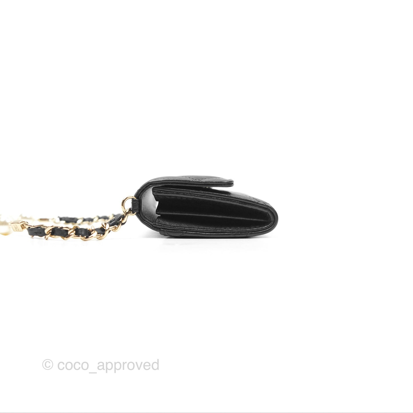 Chanel Mini Clutch With Pearl Chain Black Lambskin Gold Hardware