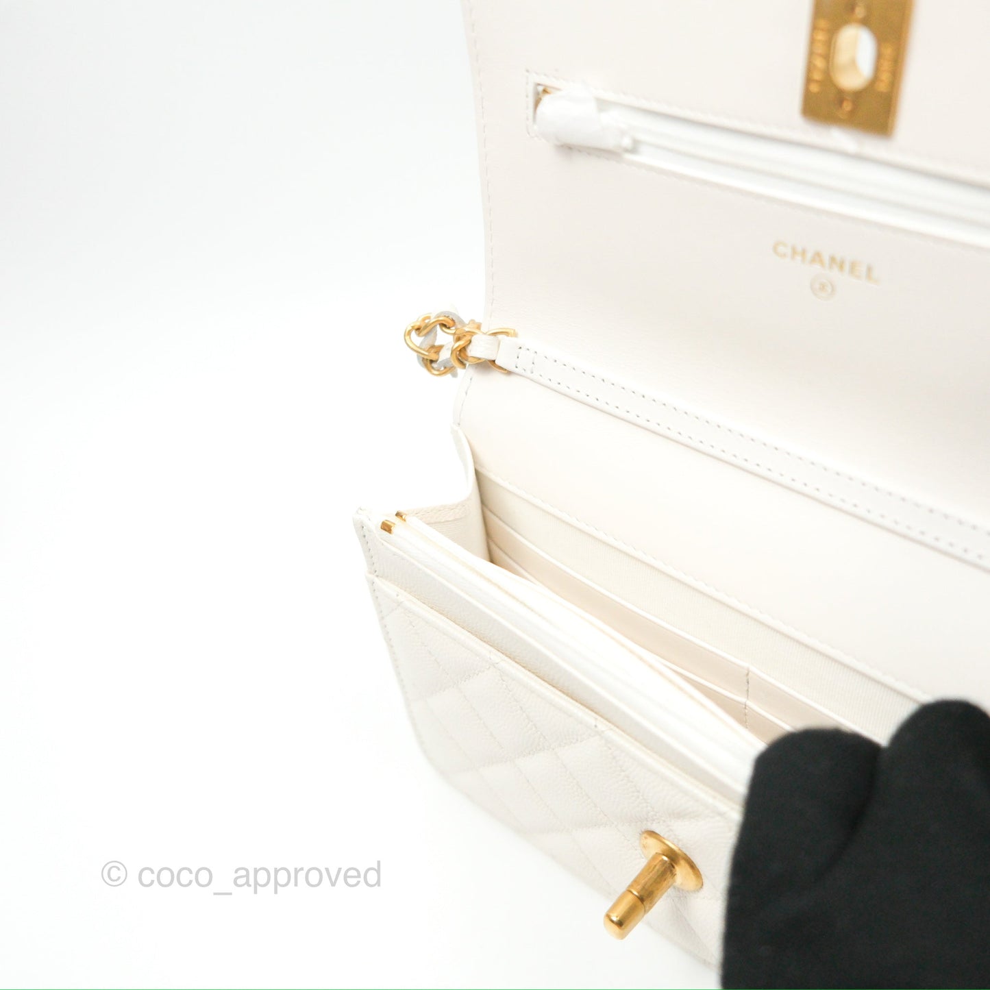 Chanel Wallet On Chain WOC Adjustable CC Chain Iridescent White Caviar Aged Gold Hardware