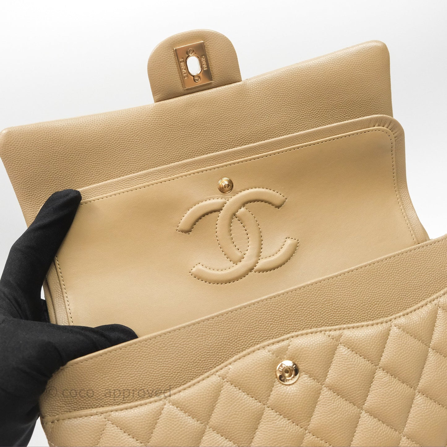Chanel Classic M/L Medium Flap Quilted Dark Beige Caviar Gold Hardware
