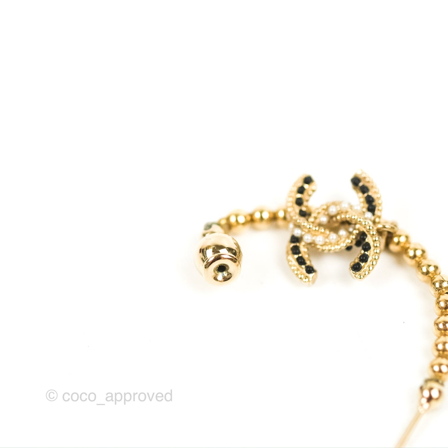 Chanel Pearl & Black Bead CC Chain Earrings Gold Tone 18P