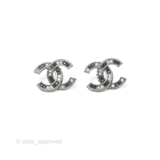 Chanel Crystal CC Earrings Black Tone